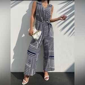 Geometric Navy and White Jumpsuit